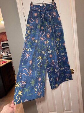 Corey Lynn Calter M Blue Linen Tropical Palm Wide-Leg Tie Waist Pants EUC